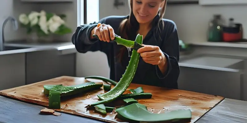 A Woman Is Peeling Aloe Vera Leaf